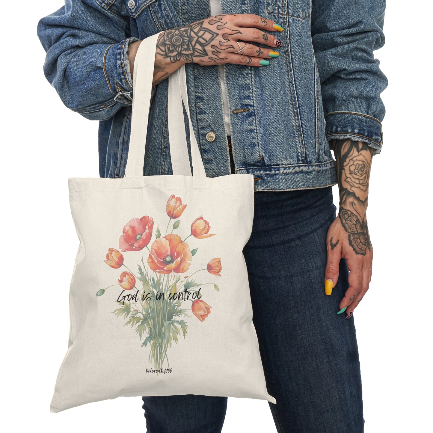 Natural Tote Bag- Poppy Tulip Pattern