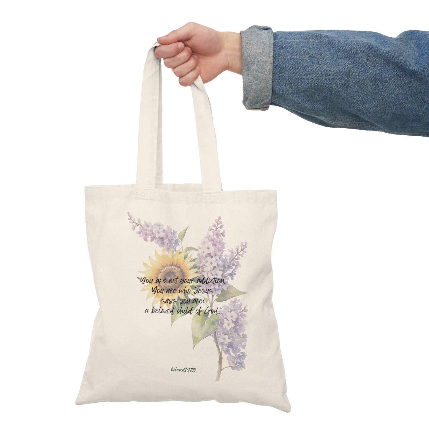 Natural Tote Bag- Sobriety Sunflower Lilac Plant Pattern