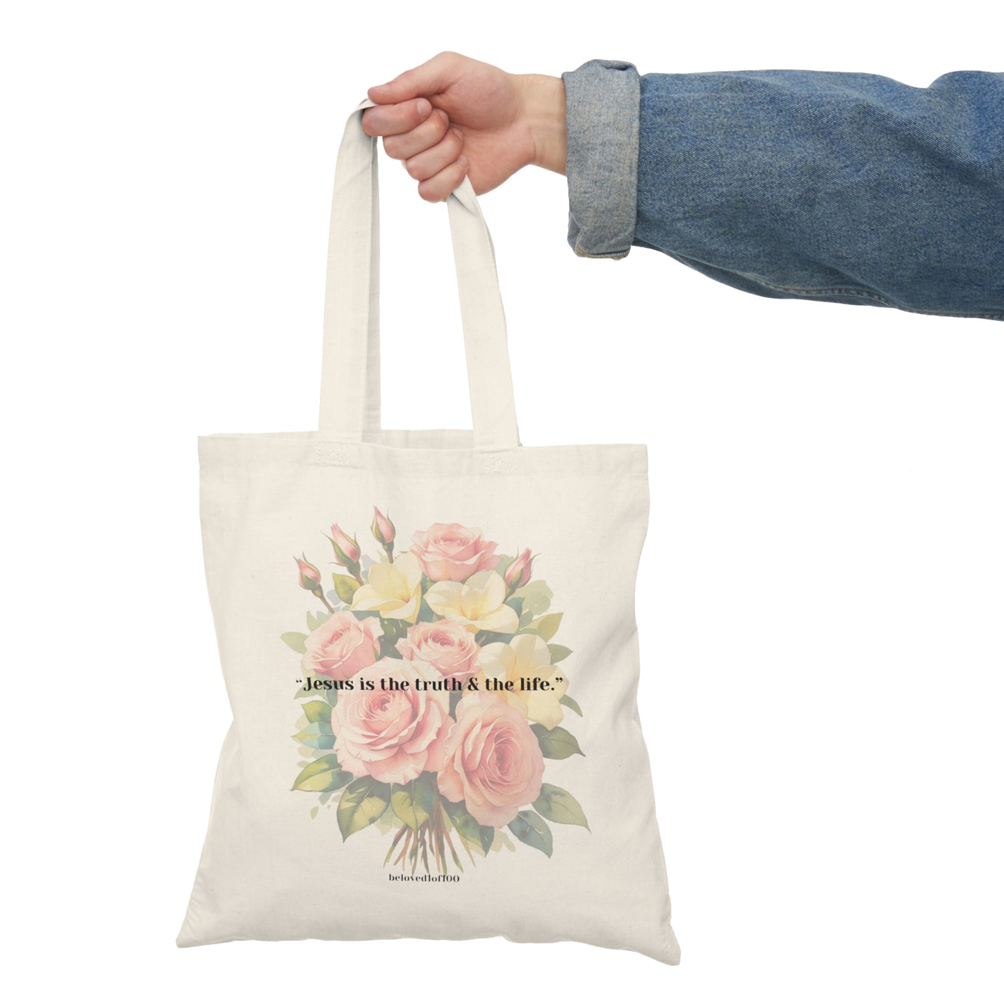 Natural Tote Bag- Gardenia Rose Pattern