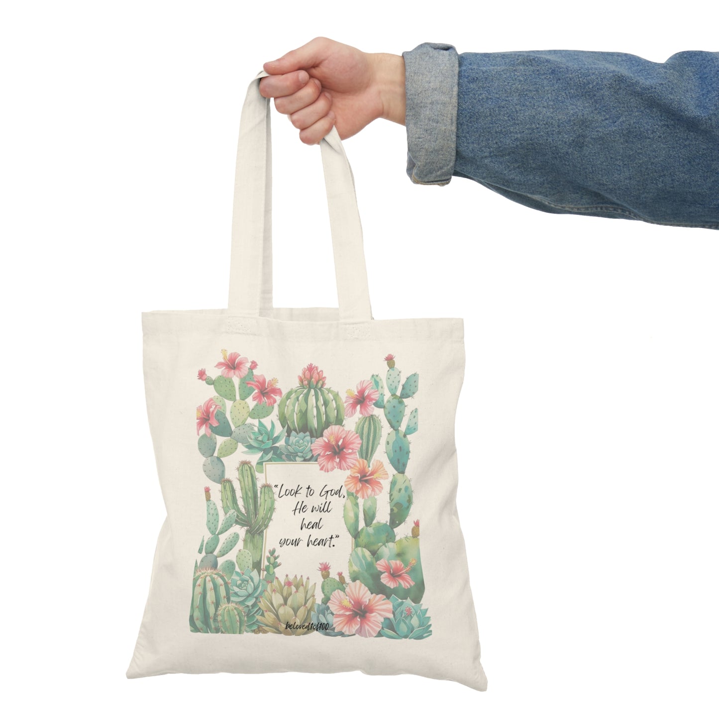 Natural Tote Bag- Cactus Hibiscus Pattern