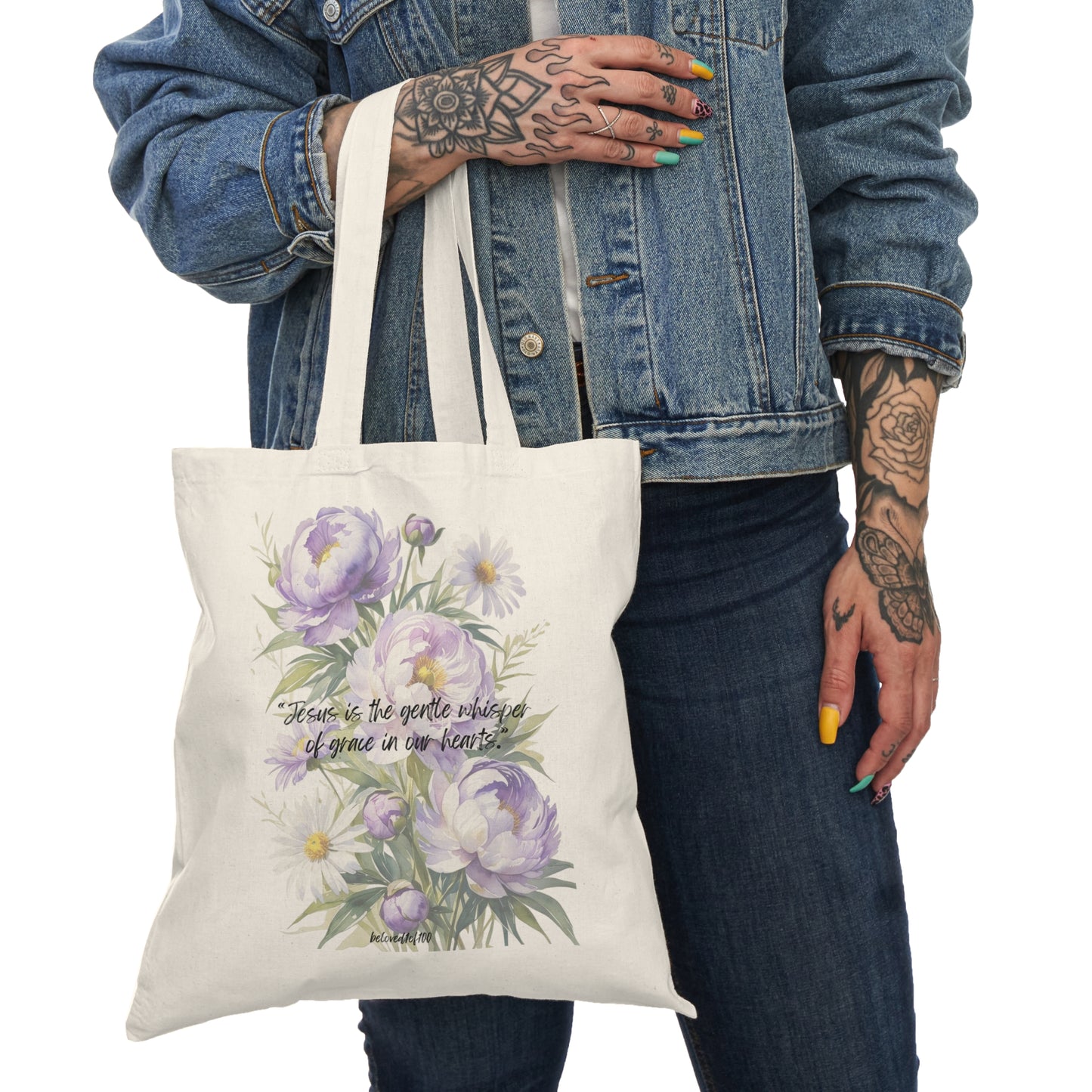 Natural Tote Bag- Peony Daisy Pattern